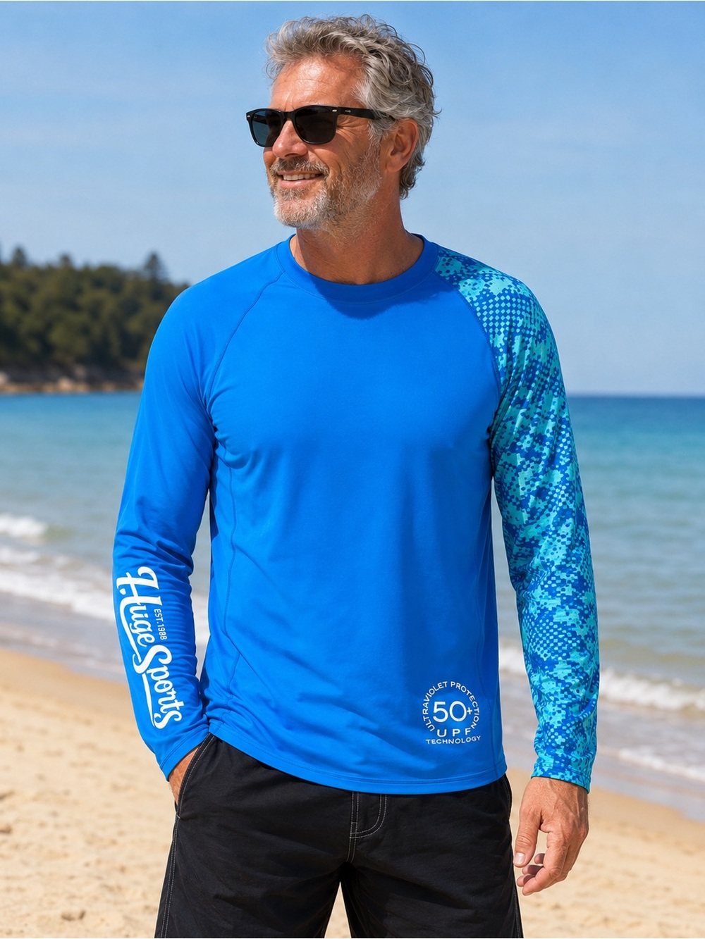 Huge Sports Men’s XL UPF 50+ Long Sleeve Rash Guard Swim Shirt Blue